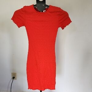 Red Short Sleeve Ribbed Bodycon Dress